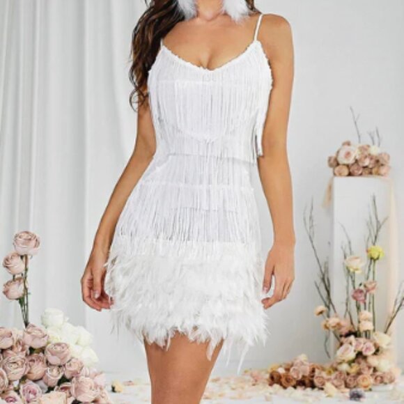 White Tassel + Sequin + Feathers Mini Dress - Picture 1 of 6
